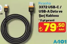 PİRANHA 3372 USB-C/USB-A DATA VE ŞARJ KABLOSU